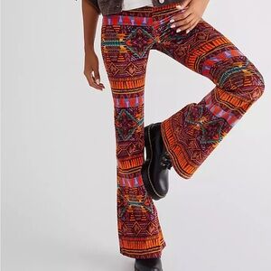Free People Printed Pull On Corduroy Flare Pant Retro Pockets Boho Aztec Sz 24